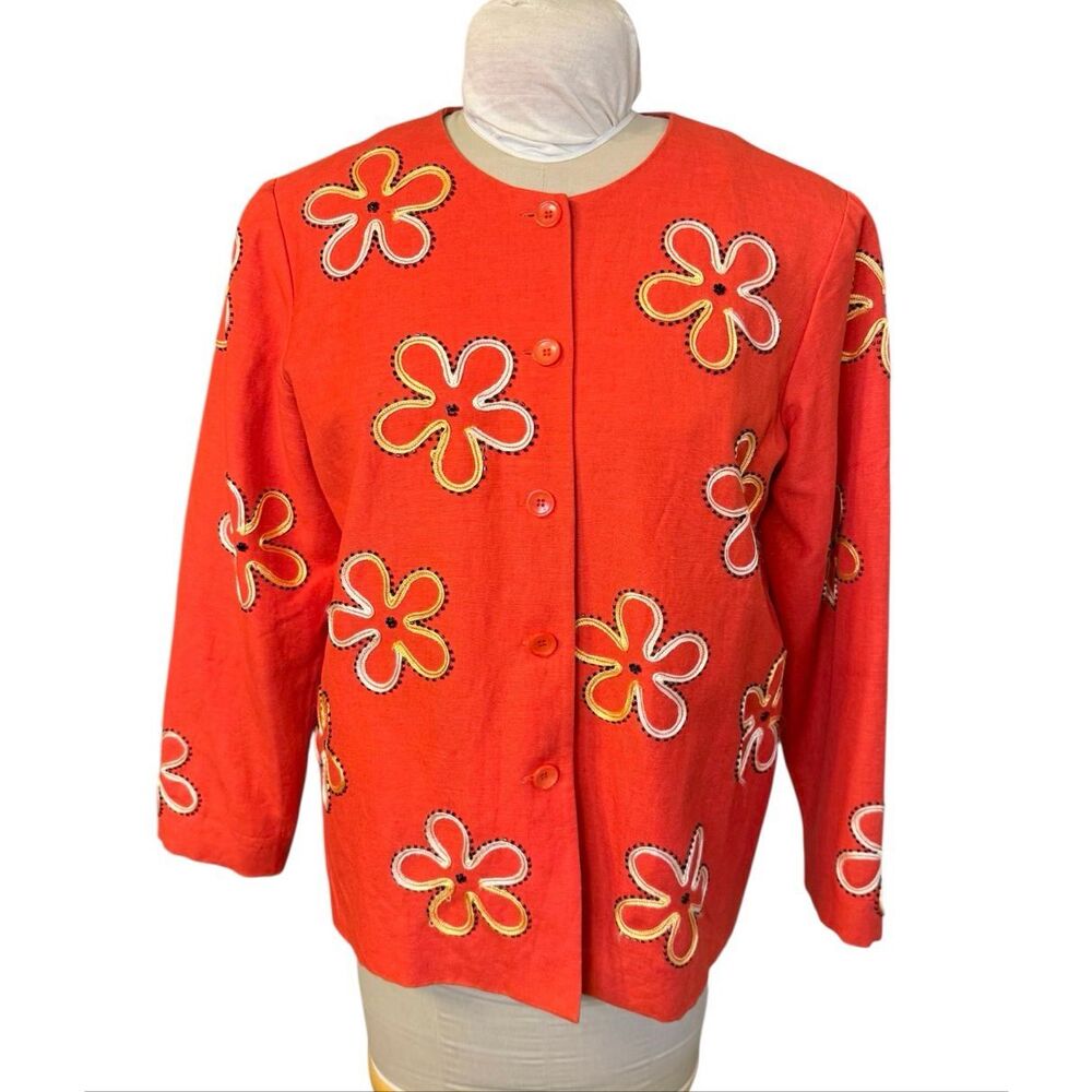 Coldwater Creek Linen Blend Jacket Medium Flower Embroidery All Over Button Fron